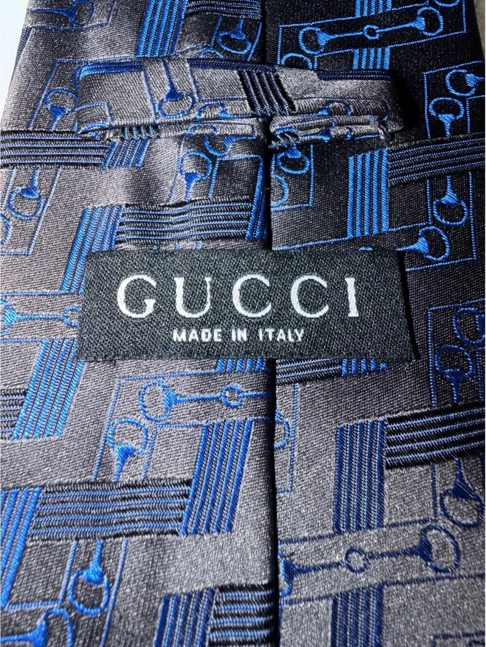 Gucci Men's Silk Necktie Geometric Horsebit Pattern Brown Blue Made in Italy